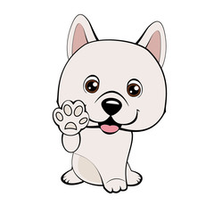 Children vector illustration of funny little Sitting puppy dog raised his front paw and looking up. cheerful puppy with a raised paw. linear drawing