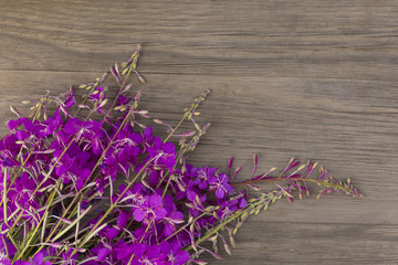 Willow-herb purple flowers on old grunge wooden background. Top view. Minimalistic mockup.