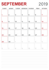 English calendar - September 2019 / Monthly planner calendar September 2019, week starts on Sunday, desk calendar template, vector illustration