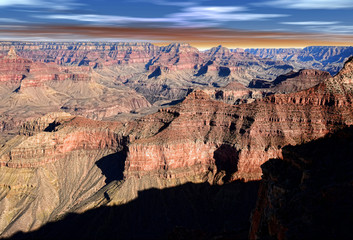 Grand Canyon Arizona with blue white and red sky
