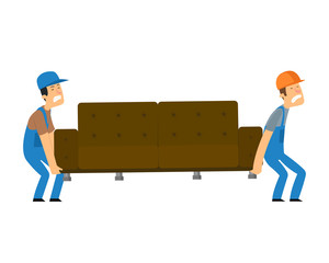 porters carry sofa.