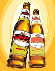 Two brown bottles of beer with label. Vector illustration. Cheers.