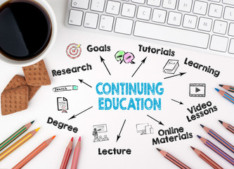 Continuing Education abstract Concept. Chart with keywords and icons. White office desk