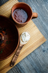 closeup clay dishes with traditional ukrainian food