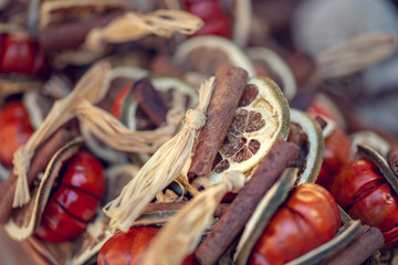 Autumnal decoration. Ornament with dried fruit and cones. Aromatic, relaxing, mood-enhancing fragrances.