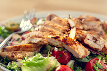 Obraz na płótnie Canvas Grilled chicken salad and vegetables. Dietetic healthy food.