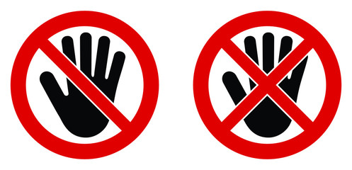 No entry symbol. Black hand icon in crossed and doublecrossed red circle