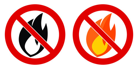 Burning open fire prohibited sign. Flame symbol in red crossed circle.