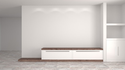 White wood modern cabinet in empty room interior background home designs 3d illustration ,shelves and books on the desk in front of  wall empty wall