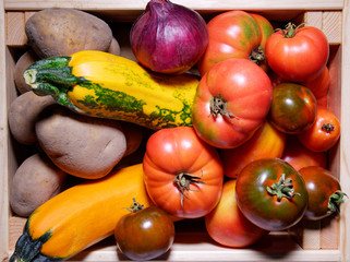 Box of fresh vegetables. Top view, flat lay.