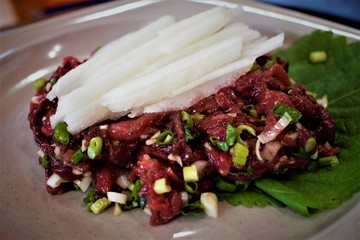 Raw horse meat dish yukhoe in Jeju, Korea