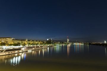 Danube river at night. Vienna city, Austria