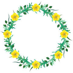 Wild flowers watercolor compositions with poppies. Wreath frame. Design for textiles, wrapping, wallpaper, invitation, wedding or greeting cards