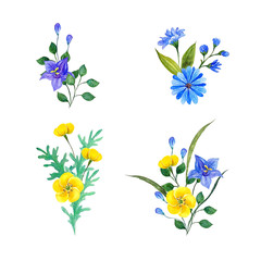 Wild flowers watercolor compositions. Design for textiles, wrapping, wallpaper, invitation, wedding or greeting cards