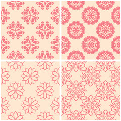 Floral patterns. Set of beige and red seamless backgrounds
