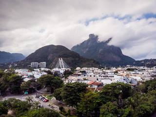 Drone view of Jardim Oceanico region in Barra da Tijuca,Gavea Stone hill, stayed bridge. Rio de Janeiro