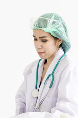 Beautiful portrait of doctor woman with stethoscope on white background.Copy space.