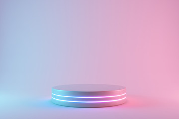 Blank product stand with neon lights on pastel colors background. 3d rendering
