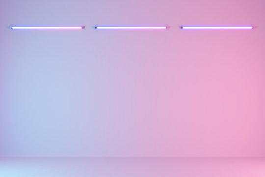 Empty Studio Pastel Room With Neon Tube On Wall Background. 3d Rendering