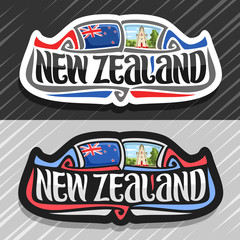 Vector logo for New Zealand country, fridge magnet with new zealandian state flag, original brush typeface for words new zealand and national symbol of NZ - Akaroa Lighthouse on cloudy sky background.