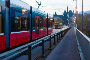 Obraz premium public transport in switzerland, Cityscape old town of Bern, capital of Switzerland with TRAM, Transportation in the city