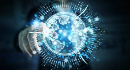 Businessman using globe network hologram with America Usa map 3D rendering