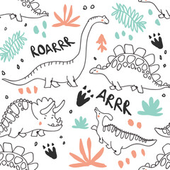 Cute dinosaurs and tropic plants seamless pattern © tanya