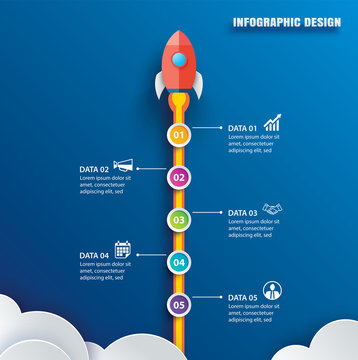 Startup infographic with 5 circle vertical data template. Vector illustration abstract rocket paper art on blue background. Can be used for planning, strategy, workflow layout, business step, banner