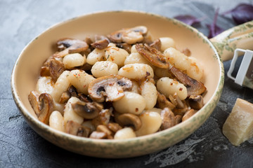 Italian potato gnocchi with roasted mushrooms and onion in a serving pan, studio shot