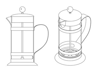 Френч пресс для заварки чая, из стекла и металла. Черно-белый контурный векторный рисунок на белом фоне, вид сбоку.