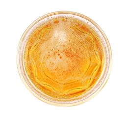 Glass of beer with bubble isolated on white, top view