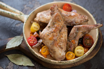 Stewed rabbit meat with fresh tomatoes in a serving pan, studio shot, selective focus