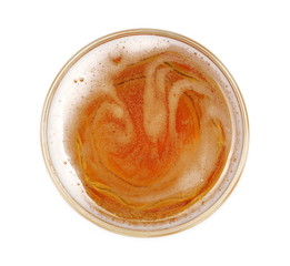 Glass of beer with bubble isolated on white, top view