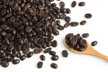 Roasted coffee beans isolated on pure white background for content using.