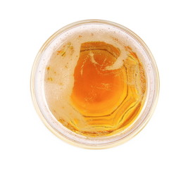 Glass of beer with bubble isolated on white, top view