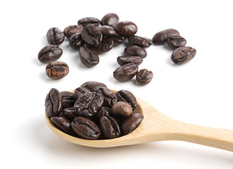 Roasted coffee beans isolated on pure white background for content using.