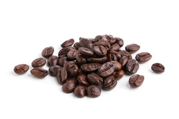 Roasted coffee beans isolated on pure white background for content using.
