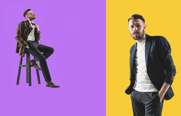 Portrait of stylish handsome young man standing at studio against colorful background. Man wearing jacket. Fashion, male clothing, sale concept