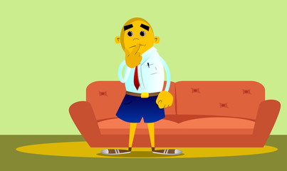 Yellow man holding finger front of his mouth. Vector cartoon illustration.