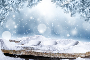 desk of free space and winter background 