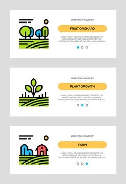 Agriculture And Farming Banners. Fruit Orchard, Plant Growth, Farm Horizontal Cards. Vector Concept For Web Graphics.