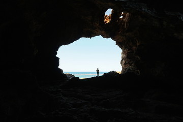 Inside a large cave on the seashore with an opening to the sea, Cova Tallada, Mediterranean, Costa Blanca, Javea, Alicante, Valencia, Spain