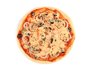 Tasty pizza on white background, top view