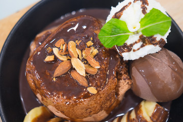 Delicious chocolate lava dessert with banana