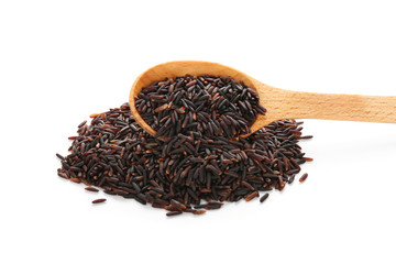 Wooden spoon with black wild rice on white background