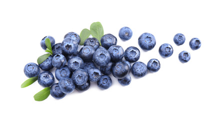 Ripe blueberries on white background