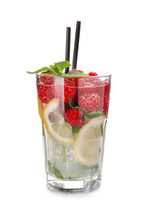 Glass of fresh raspberry mojito on white background