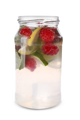 Fototapeta na wymiar Glass jar of fresh raspberry mojito on white background