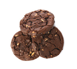 Tasty chocolate cookies on white background