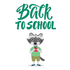 Cute raccoon character Back to school concept with lettering sign.